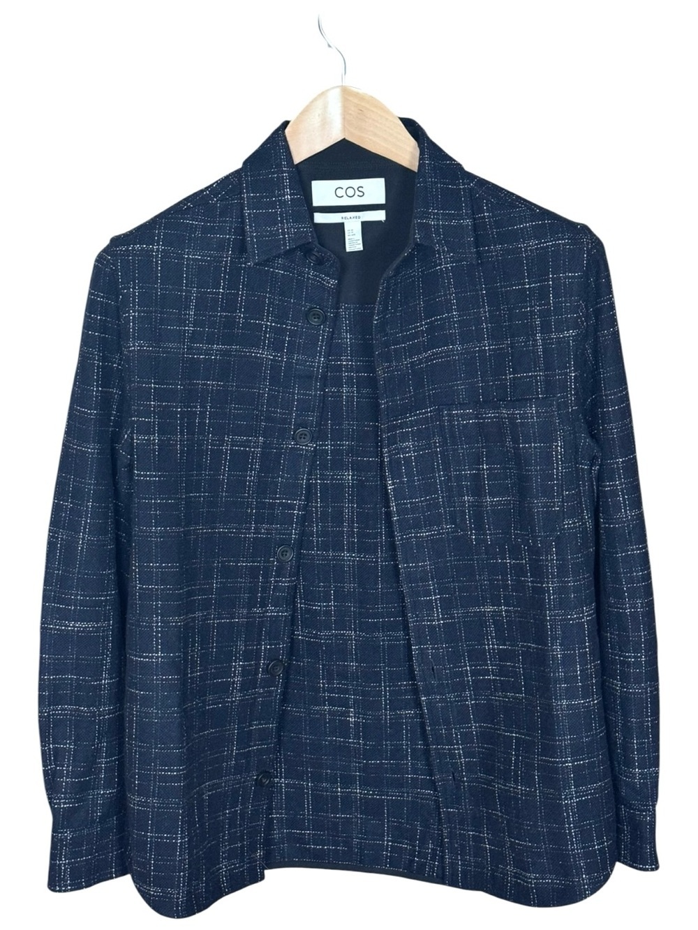 COS Navy Blue Wool Blend Grid Overshirt Jacket Relaxed Fit Size TP US XS S - Picture 3 of 11
